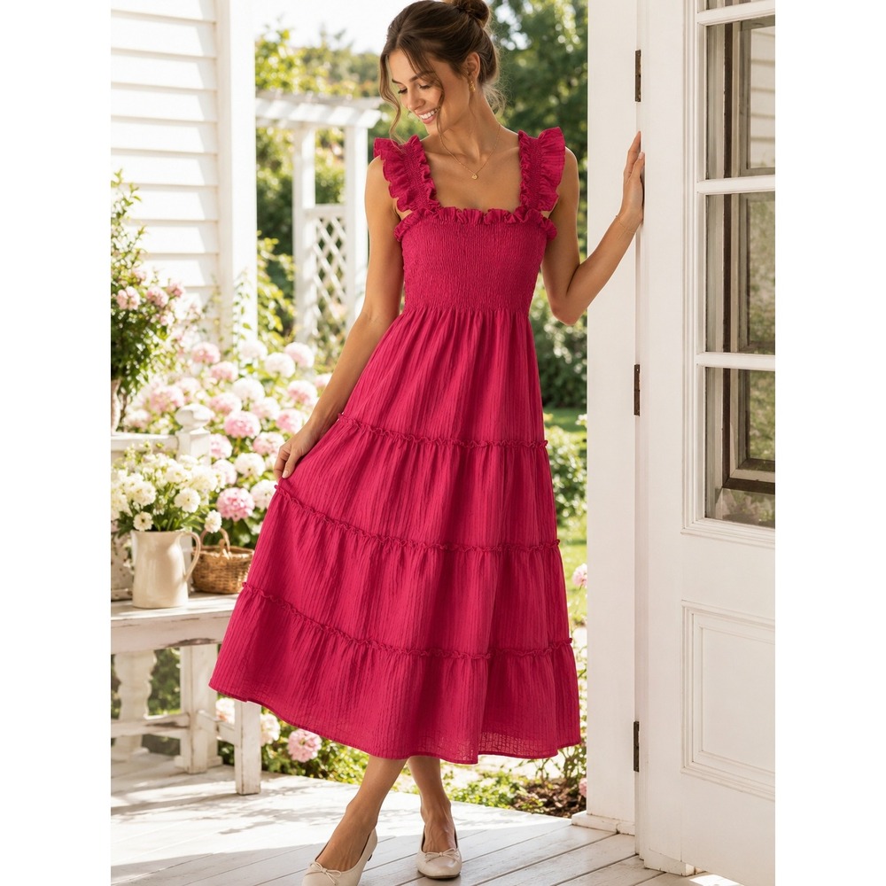 Hill House THE ELLIE NAP Dress Women SMALL WATERMELON SMOCKED MIDI - Picture 1 of 11